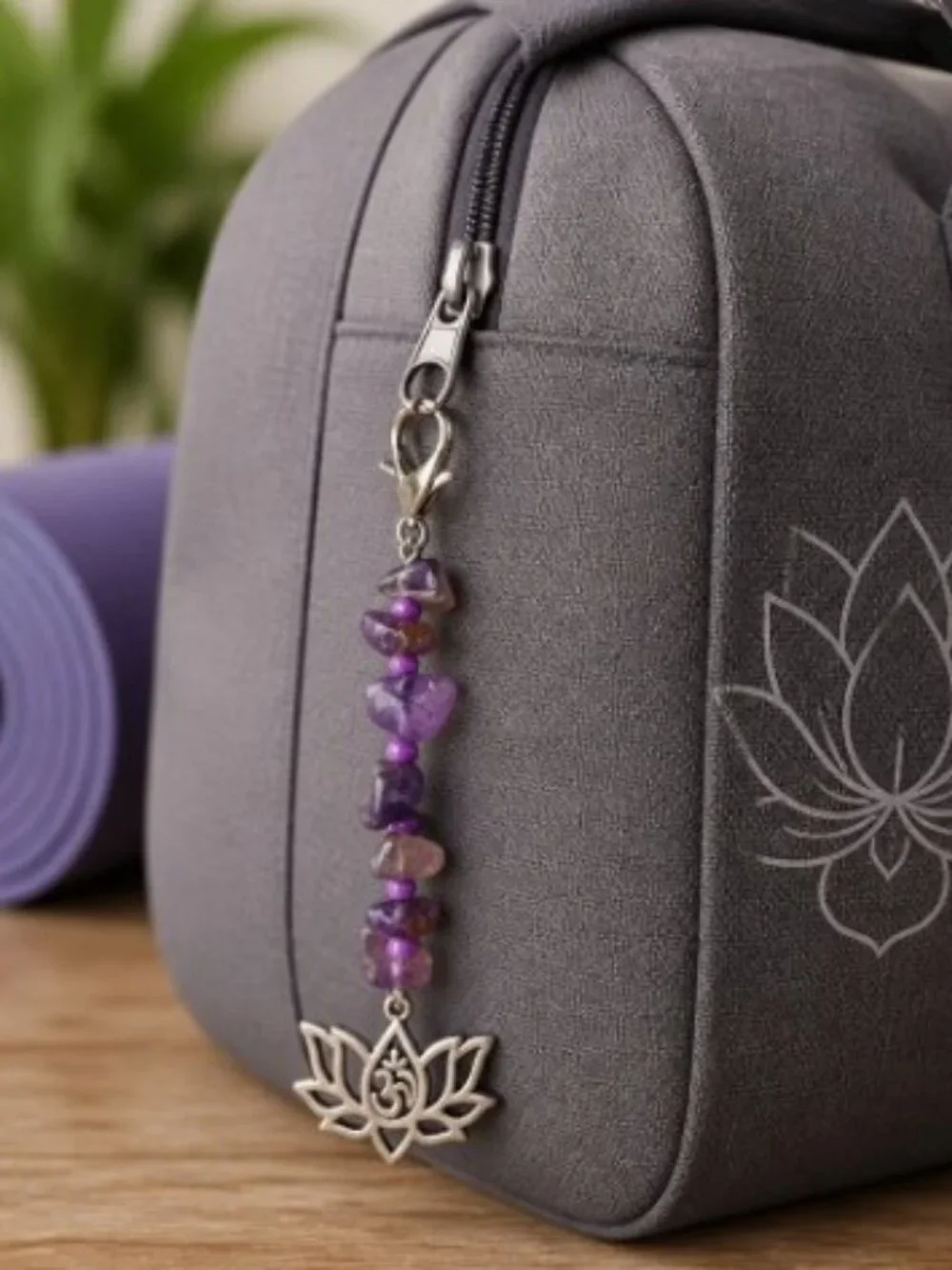 Handmade Amethyst Keychain/Bag Charm with Silver‑Tone Lotus & Om Symbol
